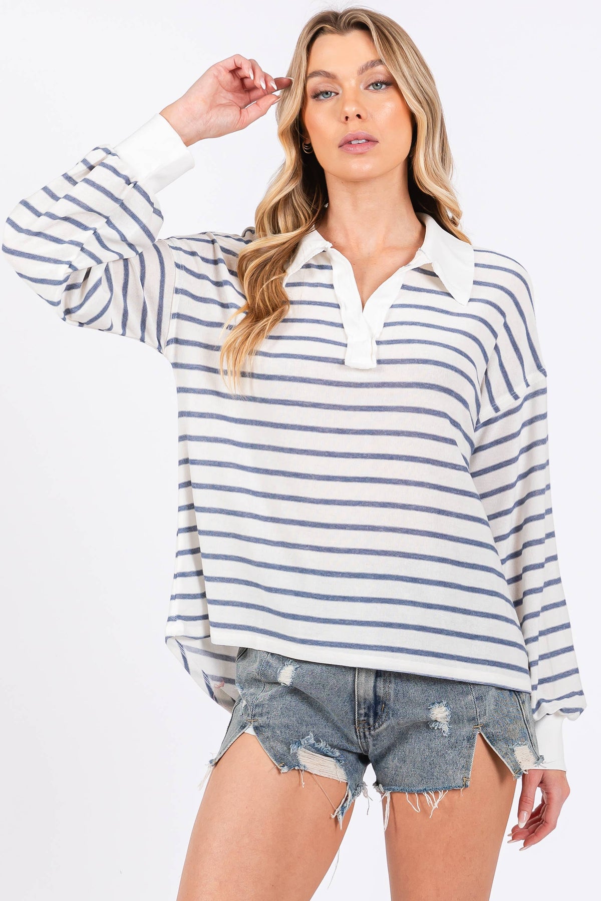 Striped Knit Basic Collared Top