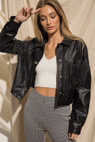 Elle & Co. Faux Leather Jacket with Fringe