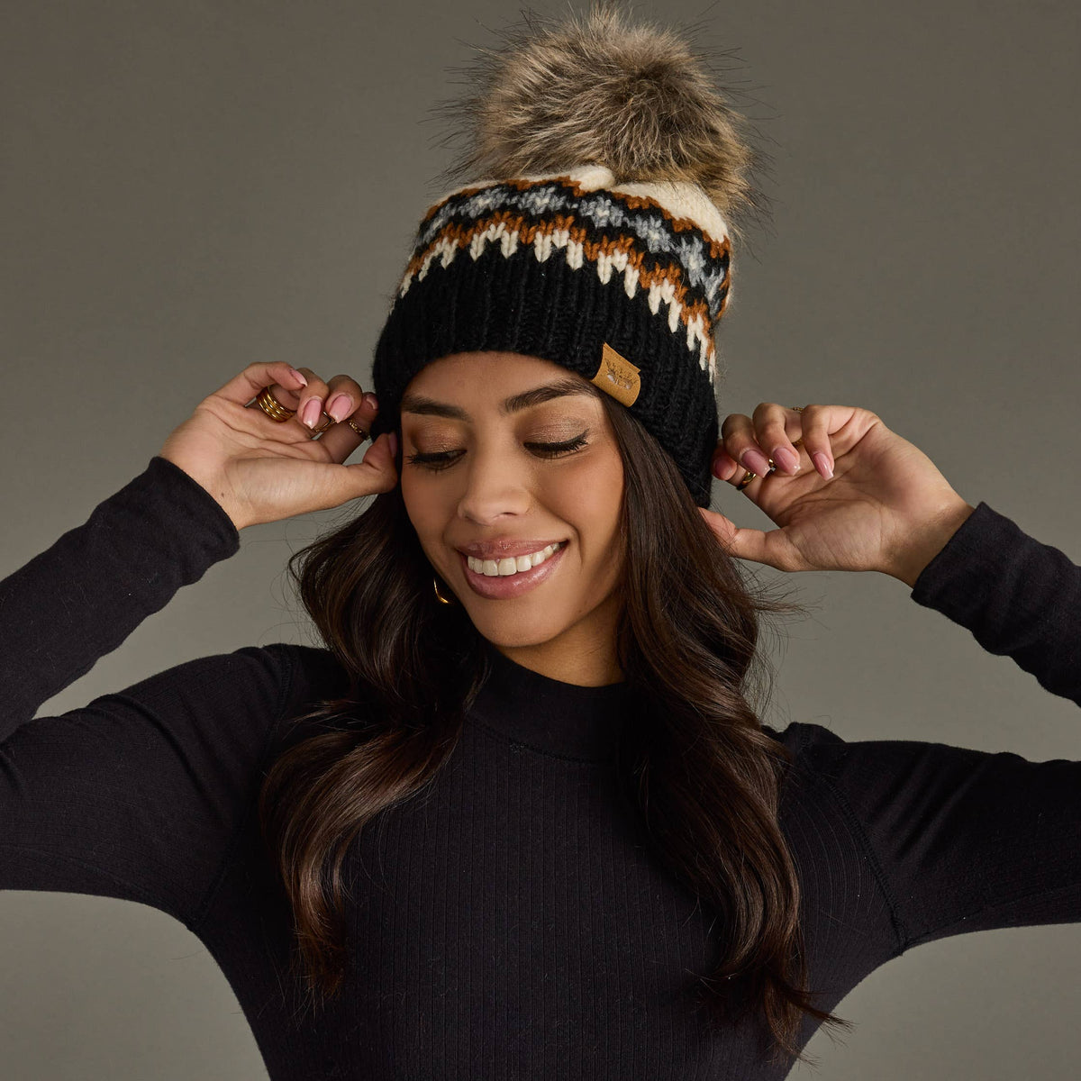 Cream, Rust, Black & Gray Patterned Pom Hat