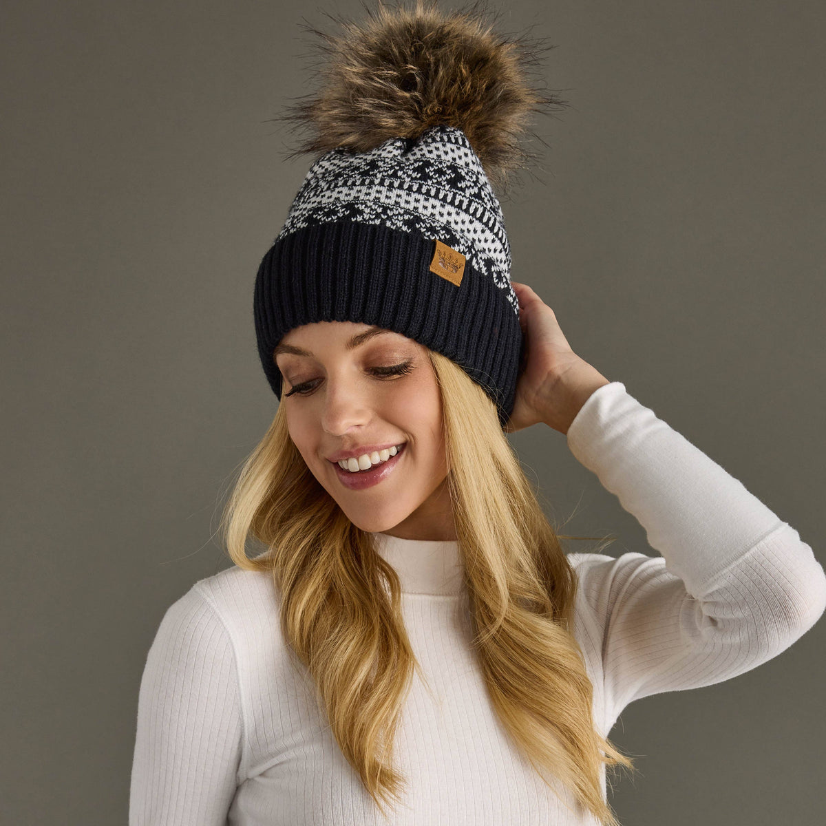 Navy & White Winter Pattern Pom Hat