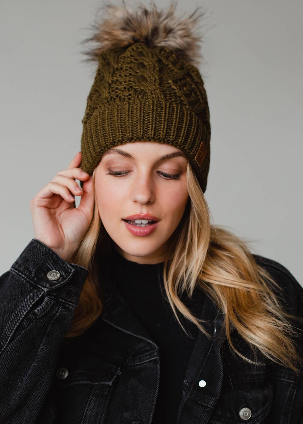 Muted Olive Cable Knit Pom Hat