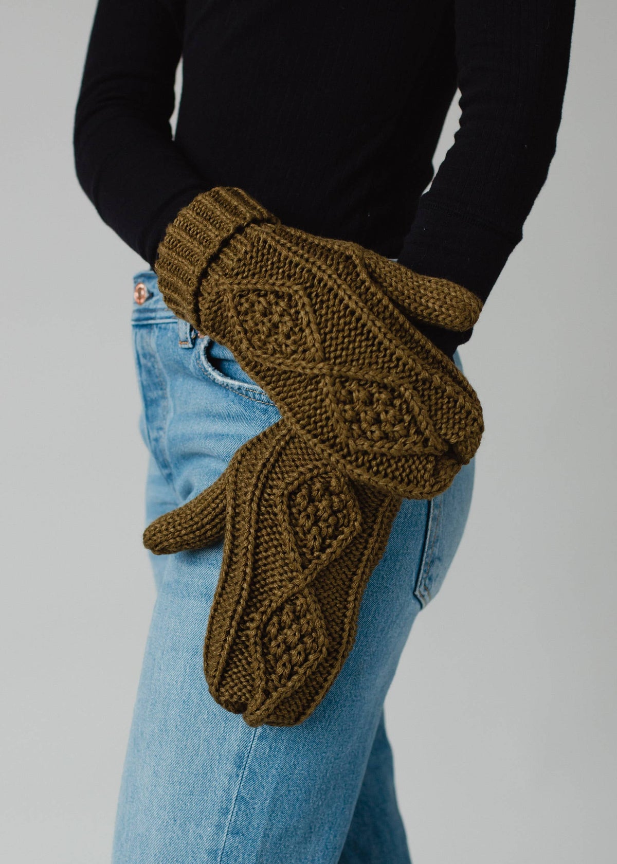 Muted Olive Cable Knit Mittens