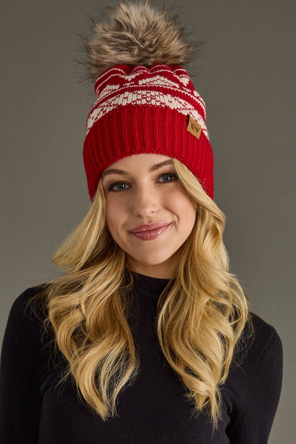 Red & Cream Patterned Pom Hat
