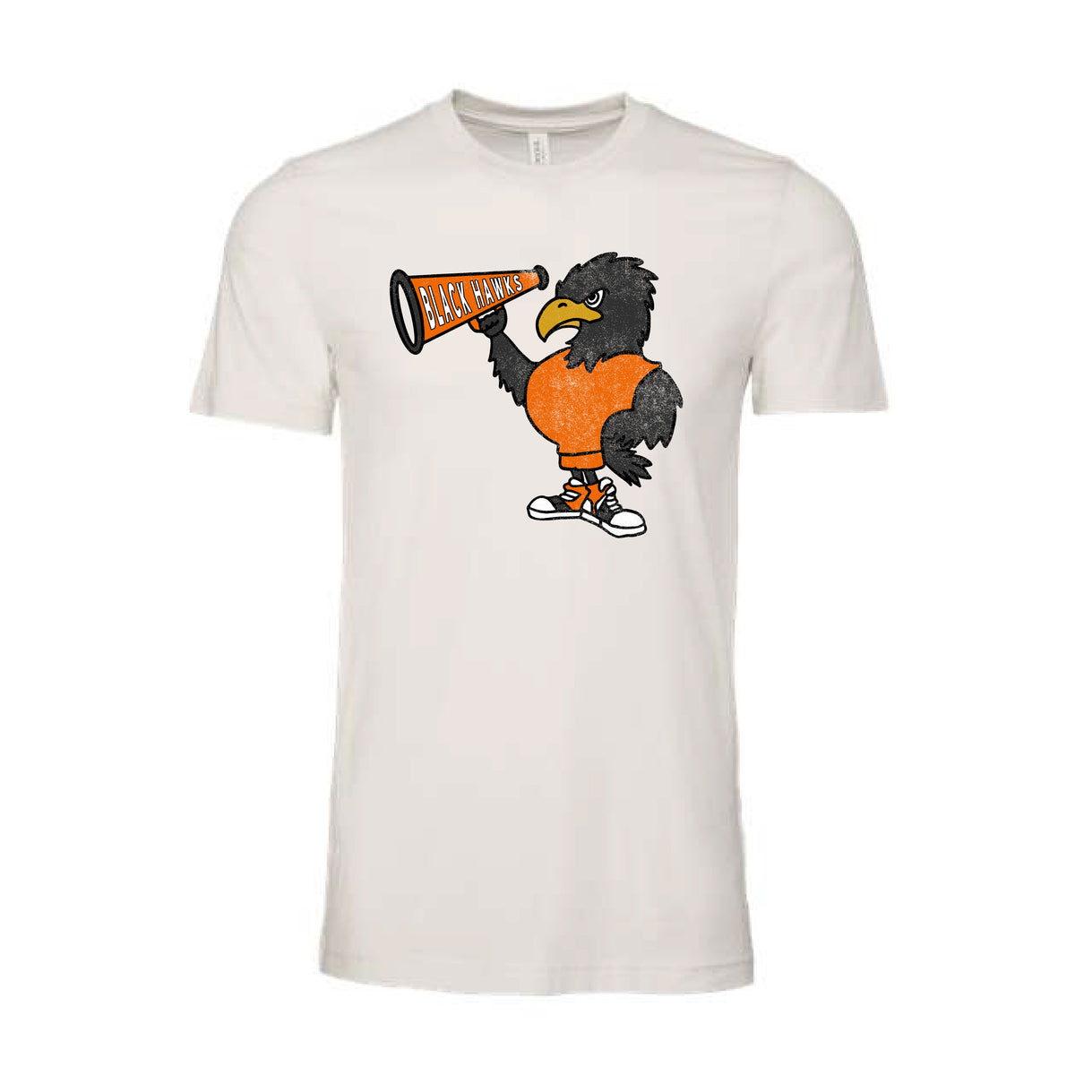 White graphic T-shirt featuring cartoon crow holding bullhorn that says "Black Hawks"