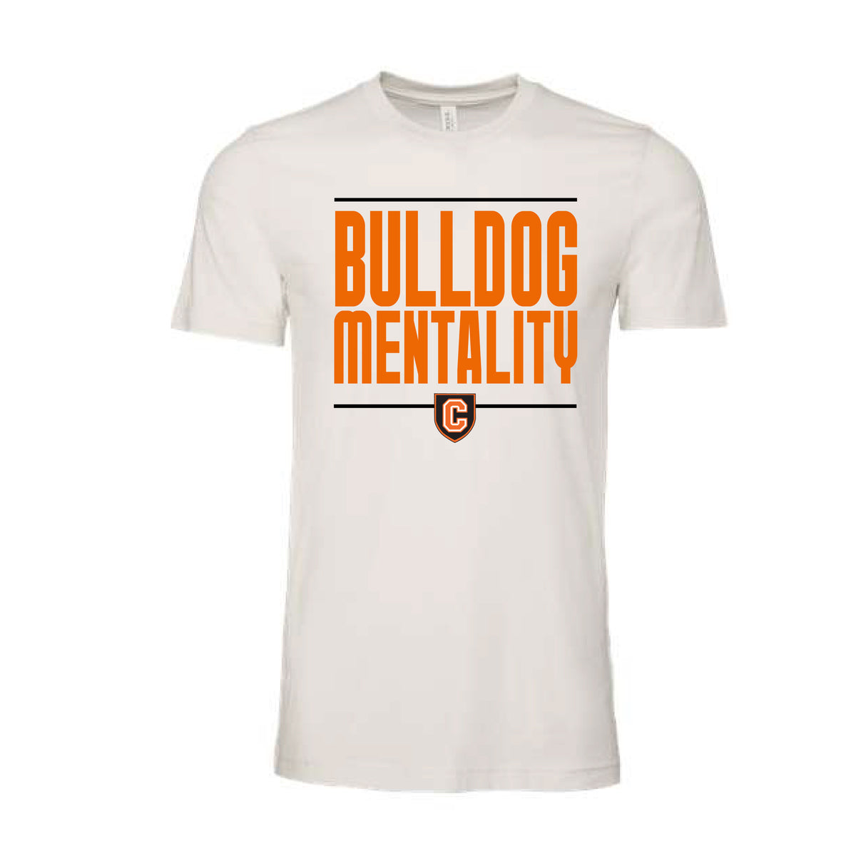Graphic T-shirt collegiate in appearance displaying words "Bulldog Mentality" in orange font